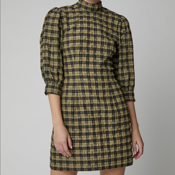 SOLD!!! Ganni Seersucker Check Gingham Green Mini Dress w/ Puff Sleeves Sz 6 - Picture 1 of 16